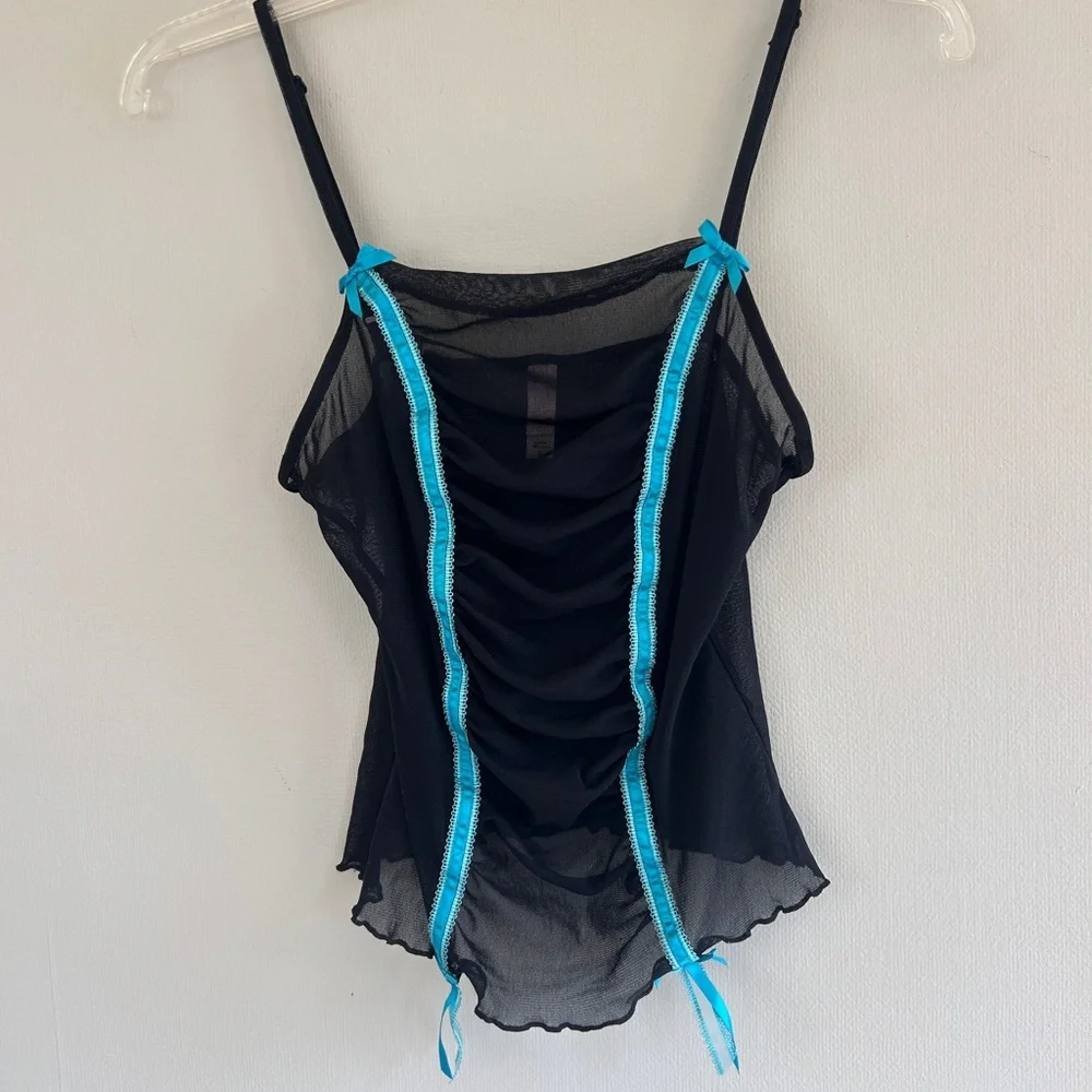 Y2K VICTORIA’S SECRET Black Sheer Mesh Bow Cami Top Coquette Mall Goth Indie | L